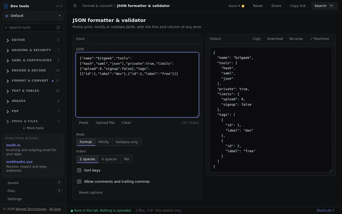 JSON formatter: Pretty-print, minify and validate JSON, with error line and column.