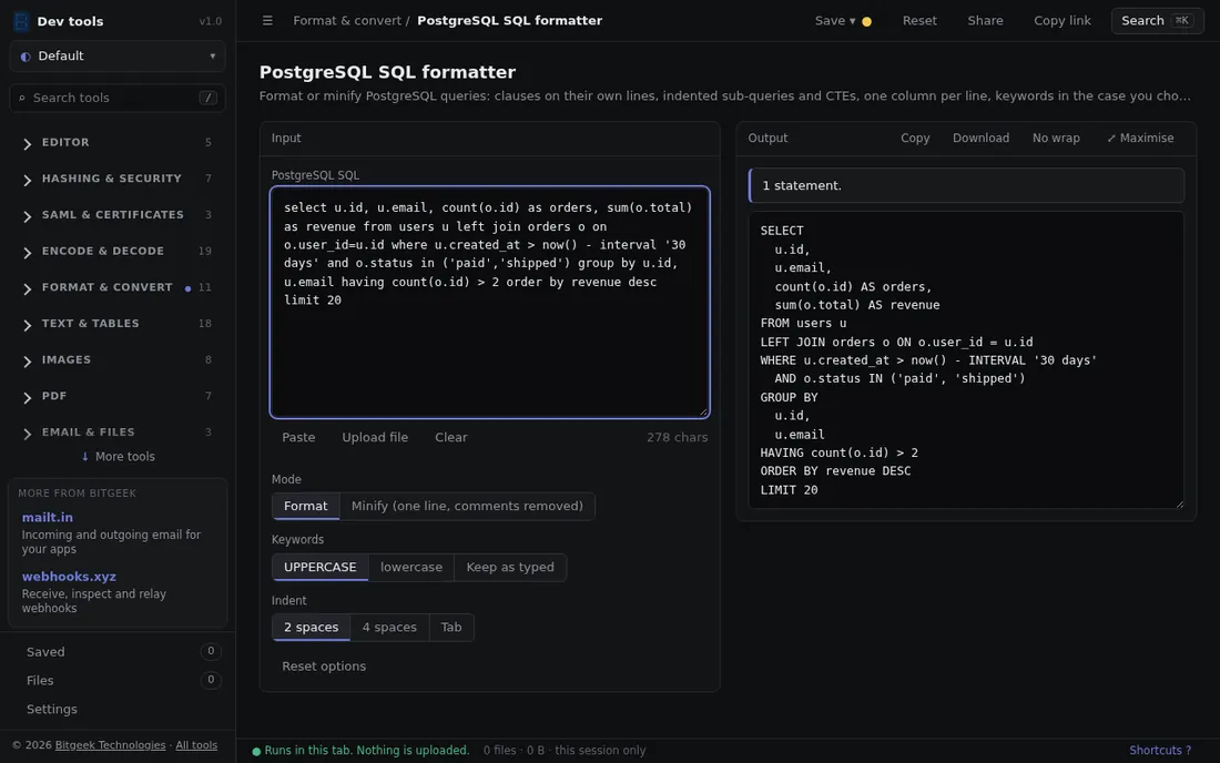 SQL formatter: Format PostgreSQL queries with one clause per line and indented sub-queries.