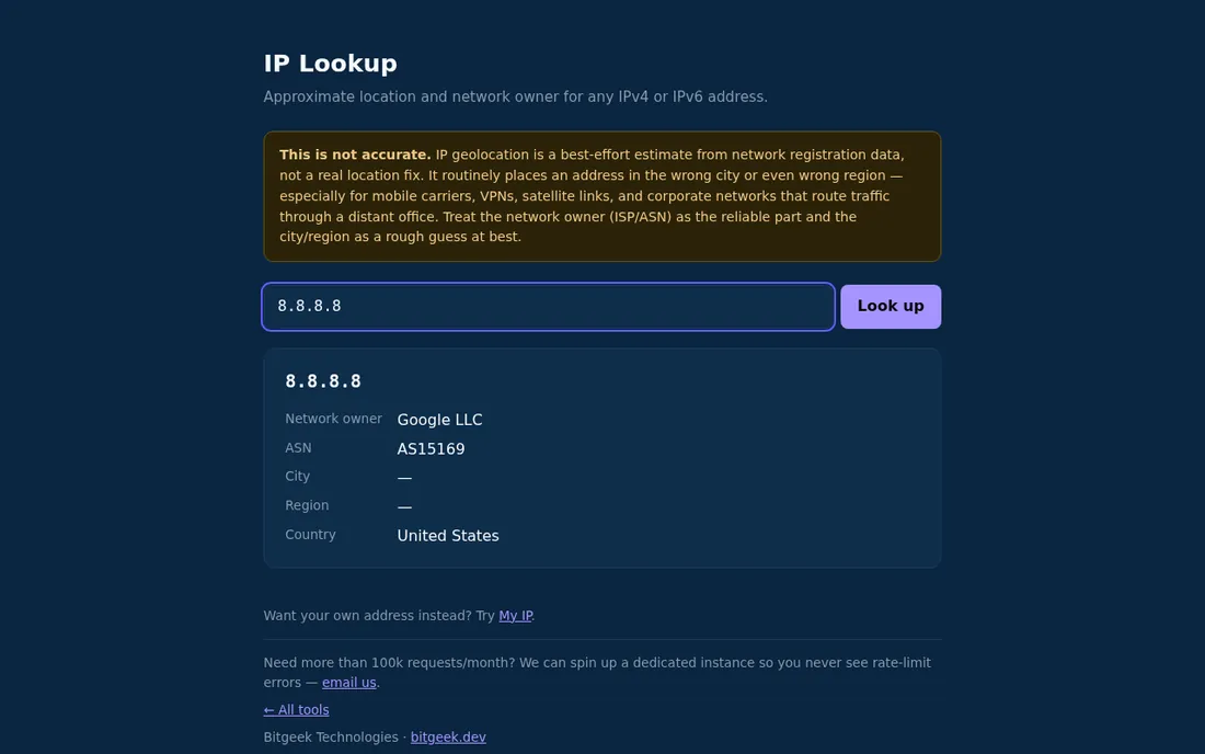 IP lookup: Find the network owner, ASN and approximate location of any IP address.